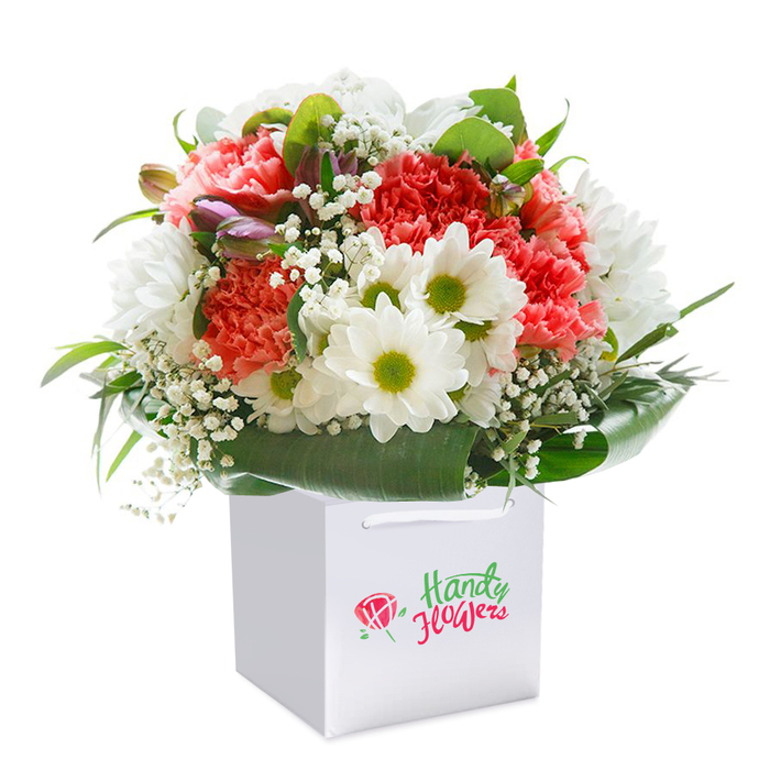 Set against a pure white background, this Kilburn-inspired floral gift draws the eye with its balanced composition and fresh energy. Full-headed coral and peach-toned carnations fill the arrangement with plush, ruffled texture-a sign of skilled hands at work in a local Kilburn flower shop. Dotted throughout, immaculate white daisies with striking lime-green centres evoke brightness and cheer, reminiscent of spring mornings along Paddington Old Cemetery. Baby's breath, with each tiny star-shaped bloom, weaves through the bouquet, adding softness and air. Deep green foliage, including broad, glossy leaves, frames the flowers and provides a generous, sturdy base that wraps the bouquet in natural elegance. Peeking from the left, a few closed buds painted with hints of violet and pink lend intrigue and promise. All are nestled neatly in a square white gift bag, detailed with reinforced ribbon handles-perfect for gifting across Kilburn or delivering to a loved one nearby. Every stem is arranged to offer a full, abundant shape, radiating freshness and sincere intent. This arrangement, ideal for celebrations or simply brightening someone's day in NW6, speaks to the care and quality found at Flower Delivery Kilburn, where floristry is both an art and a connection to the local community.